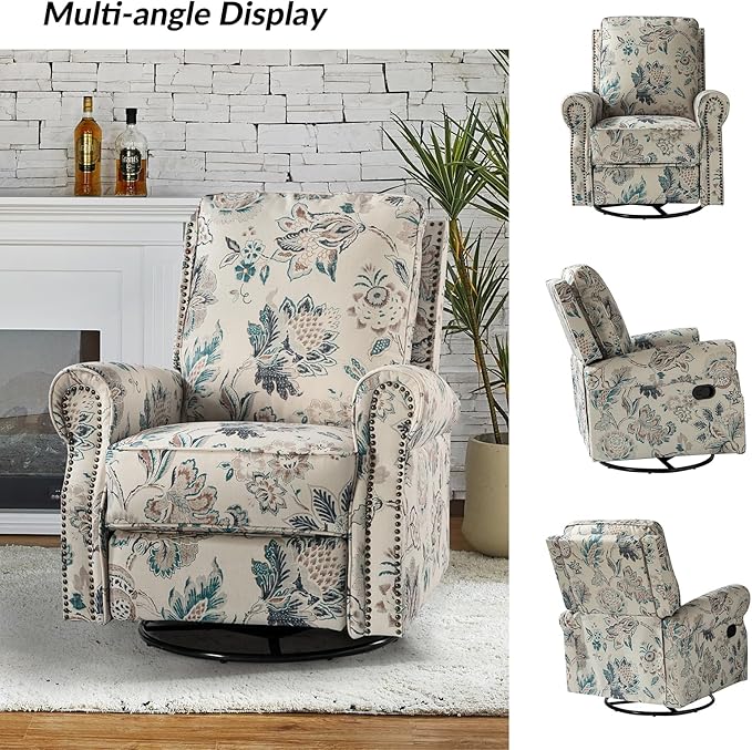 HULALA Home Rocker Recliner Set of 2, Modern Printed Fabric Swivel Glider with Adjustable Backrest & Footrest, Teal