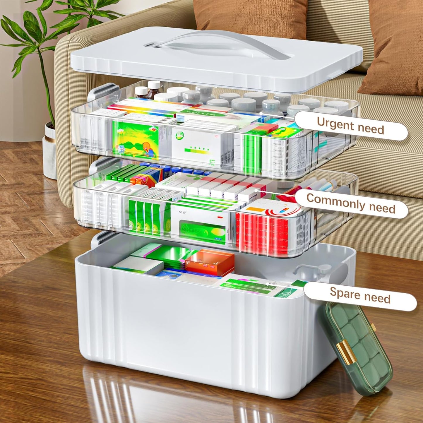 3-Tier Medicine Organizer - Portable Medicine Cabinet with Plastic Handle, Multipurpose Medical Box with Pill Box, Empty First Aid Kit for Home