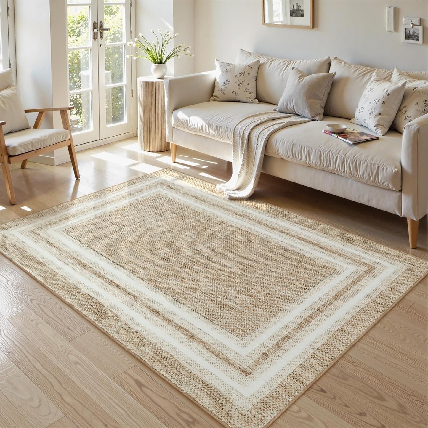 OJIA Modern Bordered Machine Washable Rugs, Printed 4'x6' Non-Slip Rug Soft Bedroom Rug Non-Shedding Floor Carpet Accent Rugs for Living Room Dinning Room Kitchen Indoor Office Foyer