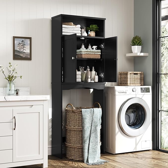 Over The Toilet Storage Cabinet, Over The Toilet Storage with Adjustable Shelf and Double Doors, Above Toilet Storage Cabinet for Bathroom Storage Over Toilet Bathroom Organizer (Black)