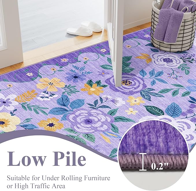 DUKINO 4x6 Area Rug, Lightweight Non Slip Washable Floral Rug, Indoor Low Pile & Non-Shedding Boho Design Rugs for Bedroom, Living Room, Dining Room, Purple