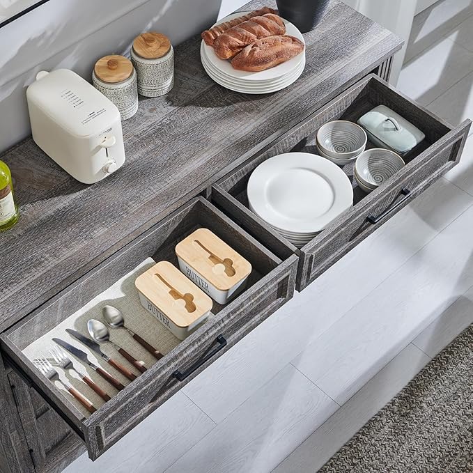 JXQTLINGMU 55" Large Buffet Sideboard Cabinet with 3 Doors and 2 Drawers, Buffet Table Coffee Bar Wine Bar Storage Cabinet for Dining Room, Living Room, Dark Grey