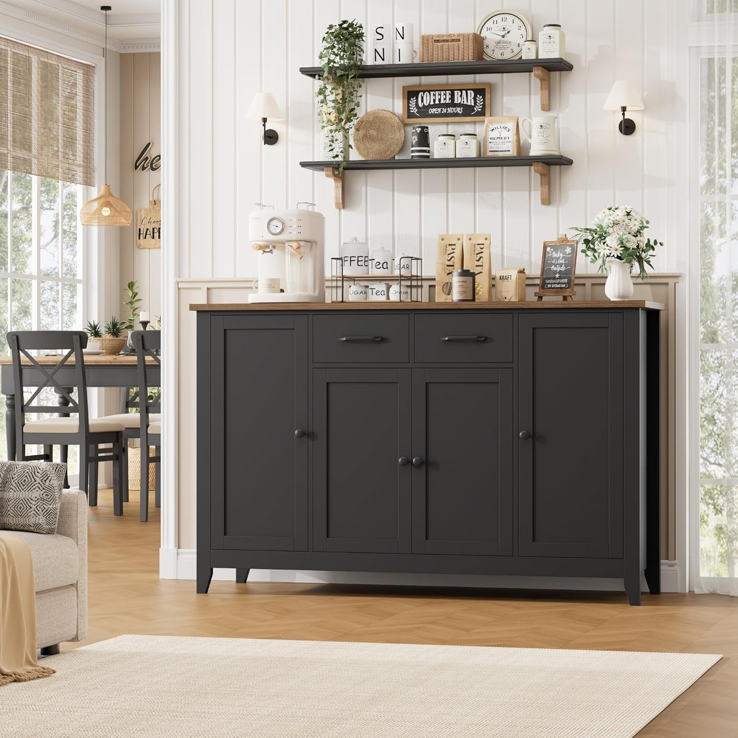 HORSTORS 55" Buffet Cabinet with Storage, Kitchen Buffet Sideboard with Drawers, Large Storage Cabinet with Doors and Shelves, Modern Farmhouse Coffee Bar for Kitchen, Dining Room, Living Room, Black