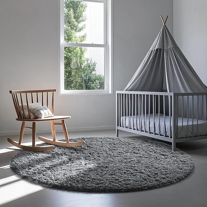 Ophanie Round Rugs 5Ft Grey Circle Area Rug, Fluffy Fuzzy Bedroom Carpet, Plush Soft Shaggy Indoor Floor Gray Living Room Rugs for Kids Home Decor Aesthetic, Nursery