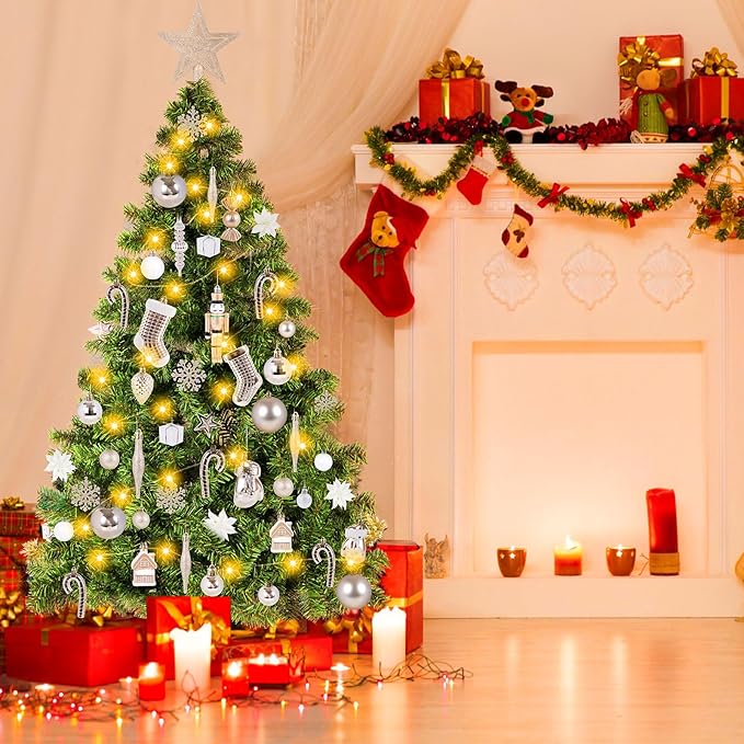 6ft Artificial Christmas Tree with Lights and Ornaments, Prelit Xmas Tree with Hanging Balls (8 Modes) for Home Holiday Decoration, Champagne+White