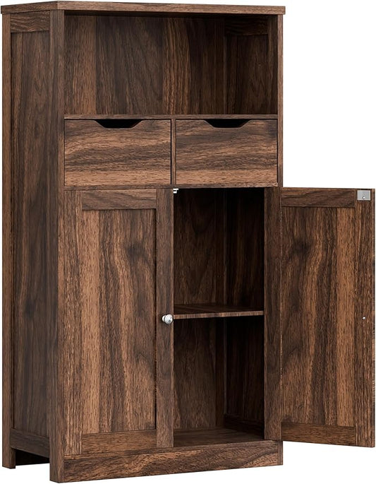Vongrasig Bathroom Storage Cabinet, Freestanding Pantry Cabinet with 2 Drawers and Adjustable Shelves, Wooden Floor Storage Organizer for Bathroom, Living Room, Kitchen, Entryway, Farmhouse, Brown