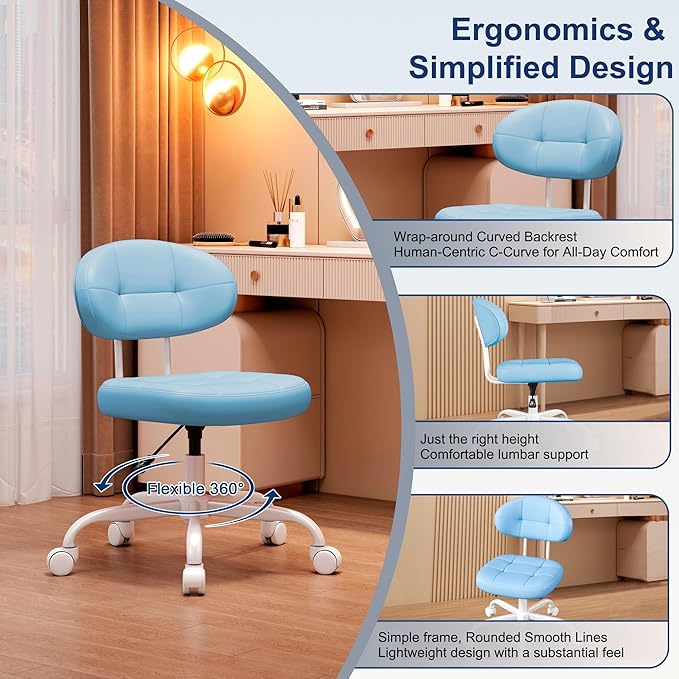 Misolant Vanity Chair with Back, Small Armless Cute Office Chair with Wheels and Lumbar Support, Comfy PU Leather Desk Computer Chairs with Adjustable Height, 360°Swivel for Home Bedroom Office, Blue