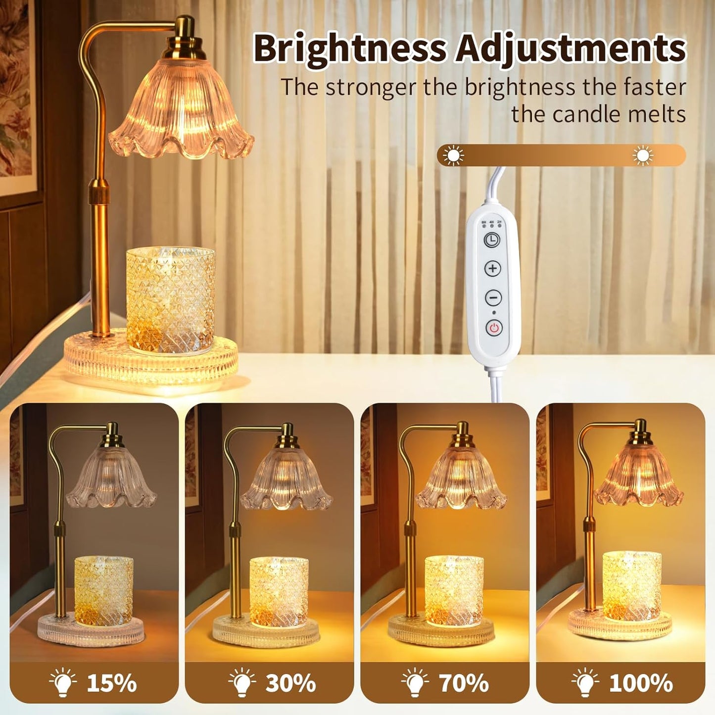 Candle Warmer Lamp with Timer: Adjustable Height and 4 Dimmer, Crystal Glass Base, Heater Wax Warmer for Jar Scented, Home Décor and Housewarming & Birthday Gift for Mom Woman, 2 Bulbs (White Flower)