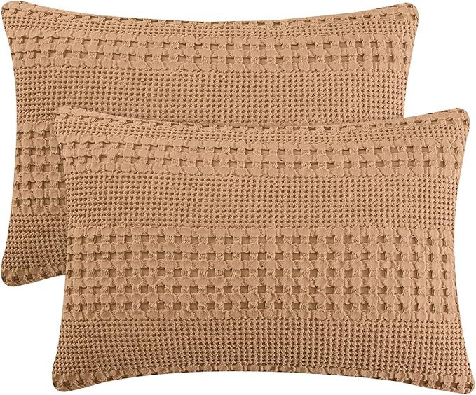 PHF 100% Cotton Waffle Pillow Shams King Size, 2 Pack 20" x 36" Soft Skin-Friendly Pillowcases, No Filling, Aesthetic Woven and Breathable Waffle Weave Pillow Case Covers for Bed, Camel