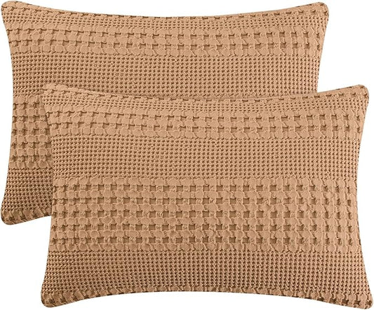 PHF 100% Cotton Waffle Pillow Shams King Size, 2 Pack 20" x 36" Soft Skin-Friendly Pillowcases, No Filling, Aesthetic Woven and Breathable Waffle Weave Pillow Case Covers for Bed, Camel