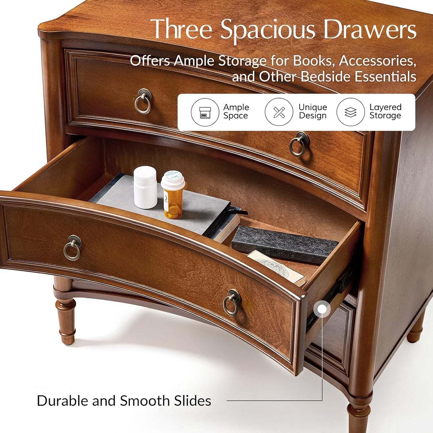 HULALA HOME 3 Drawer Nightstands Set of 2 with Charging Station, 26" Wide Nightstands with Solid Wood Legs and Curved Profile, Classic Bedside Tables for Living Room Bedroom, Walnut