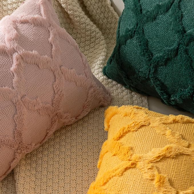 Set of 2 Soft Moroccan Throw Pillow Covers 22x22 Inch Plush Boho Decorative Pillow Cover Accent Cushion Case for Couch Sofa Bed, Mustard Yellow