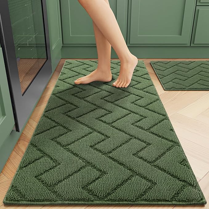 hicorfe Kitchen Rugs and Mats Sets,2 Pieces Super Absorbent Polypropylene Non-Slip Rug,Soft Comfort Floor Mat,Washable for Kitchen,Hallway,Office,Sink,Laundry(20" x 31.5" Plus 20" x 59",Green)