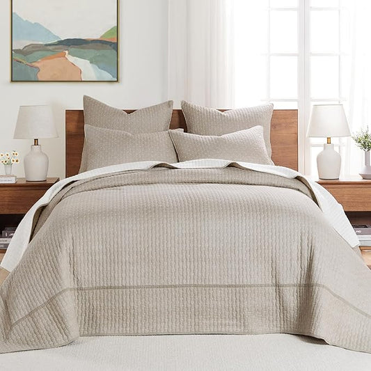 Levtex Home Cross Stitch Reversible Queen Bedspread Set (104x106in) with 2 Pillow Shams (26x20in) - Stitch Texture - Taupe - Cotton Queen Size Bedspread Set - Lightweight, Soft, Pre-Washed