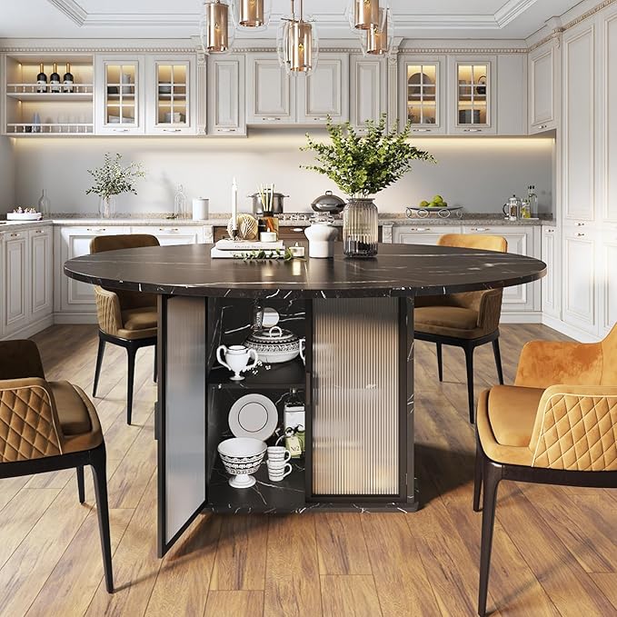 IBF Black Round Dining Table with Fridge Space, 47" Faux Marble Dining Room Table for 4-6, Modern Kitchen Tables with Storage Shelf, Circle Wood Dinner Tables for Home, Black Marble, Only Table