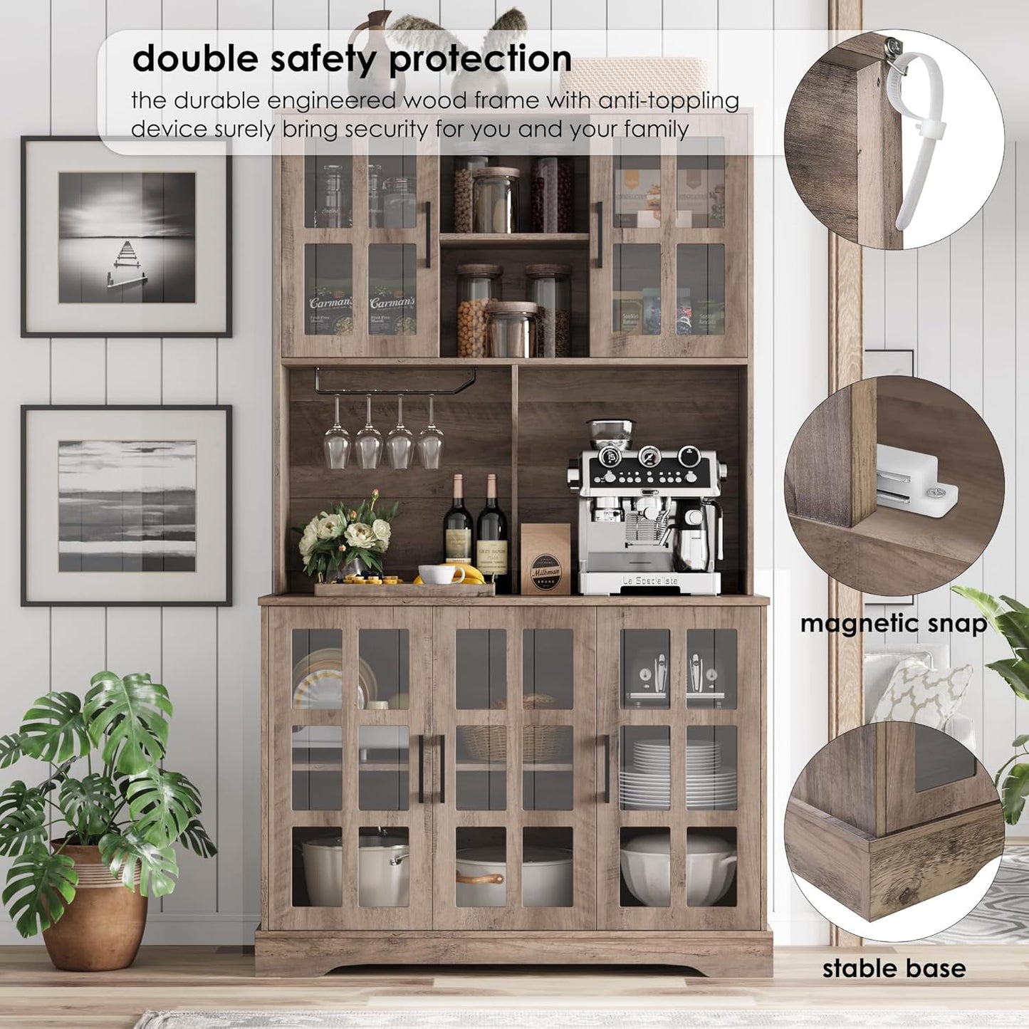 Keyluv Kitchen Pantry Storage Cabinet 71" Tall Freestanding Pantry Cabinet, Farmhouse Glass Door Buffet with Oven Countertop, Large Wood Hutch for Kitchen, Living Room and Dining Room, Rustic