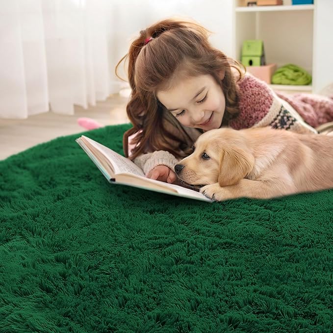 OLANLY Dark Green Round Rugs for Bedroom - Machine Washable, 8 ft Circle Area Rugs for Living Room, Soft and Fluffy Shaggy Carpet for Teen Girls and Boys, Nursery Rooms, Dorms, Home Decor Aesthetic
