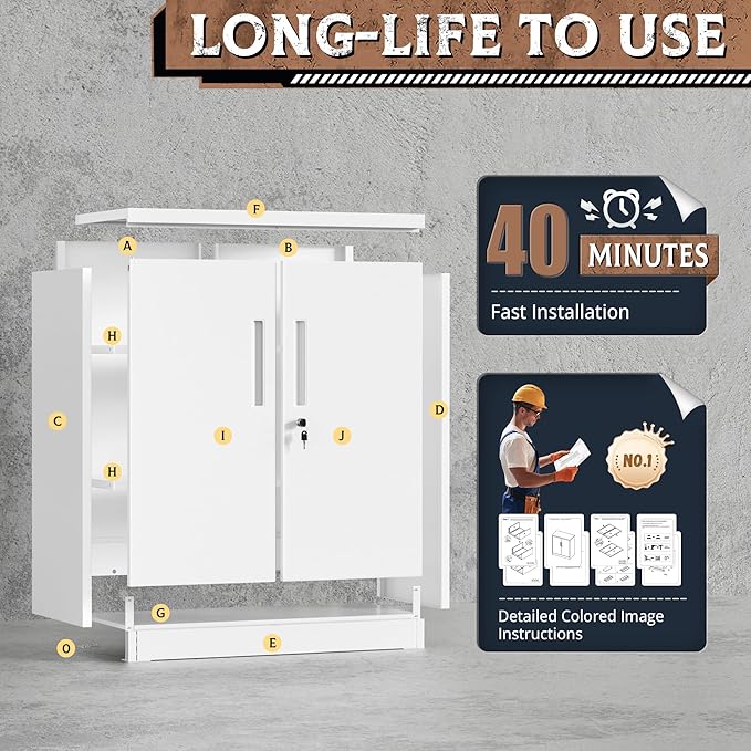 SUNCROWN 36” Metal Storage Cabinets with Doors and 2 Adjustable Shelves, Locking Tool Garage Cabinet, File Cabinets for Home & Office (White)