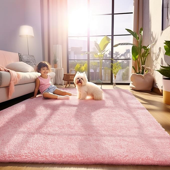 Ophanie Pink Area Rugs for Bedroom Girls, 5x8 Kids Fluffy Fuzzy Furry Shag Carpet, Plush Soft Cute Baby Shaggy Bedside Indoor Floor Rug for Teen Dorm Home Decor Aesthetic, Nursery