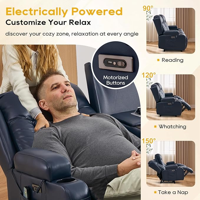 IPKIG 76" Power Reclining Sofa, Electric Home Theater Seating with Flipped Middle Backrest/LED Lighting/USB Ports/Built-in Outlets, Dual Recliner Sofa 3 Seater for Living Room RV (Blue)