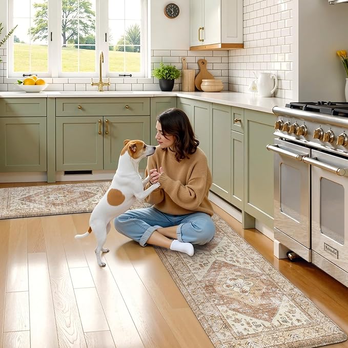 KIMODE Anti Fatigue Kitchen Mats for Floor, Farmhouse Kitchen Rugs Sets of 2, Cushioned Kitchen Floor Mats, Comfort Standing Mats for Sink Laundry Office Desk Khaki 20"x71"+20"x32"