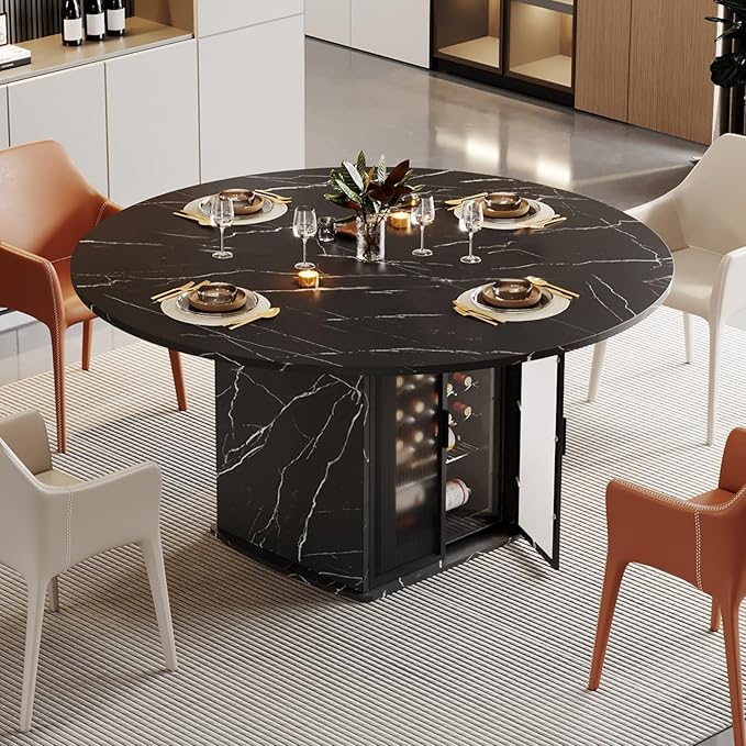 IBF Black Round Dining Table with Fridge Space, 47" Faux Marble Dining Room Table for 4-6, Modern Kitchen Tables with Storage Shelf, Circle Wood Dinner Tables for Home, Black Marble, Only Table