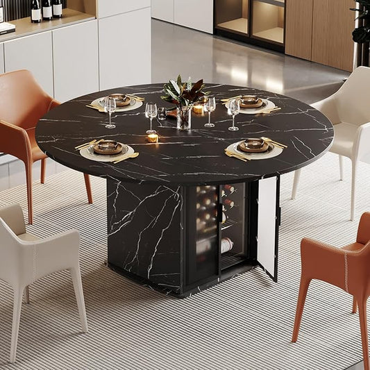 IBF Black Round Dining Table with Fridge Space, 47" Faux Marble Dining Room Table for 4-6, Modern Kitchen Tables with Storage Shelf, Circle Wood Dinner Tables for Home, Black Marble, Only Table