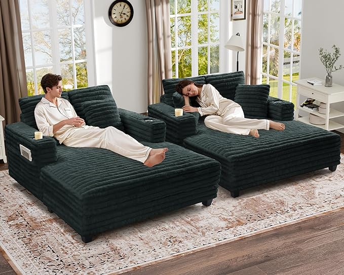 HUSFU Chaise Lounge Chair Indoor, 60'' Oversized Sleeper Sofa, Chaise Lounge Reading Chairs for w/Cup Holder and USB&Type C Port, Plush Faux Fur Cloud Sofas Couches for Living Room, Grey Blue, 2PCS