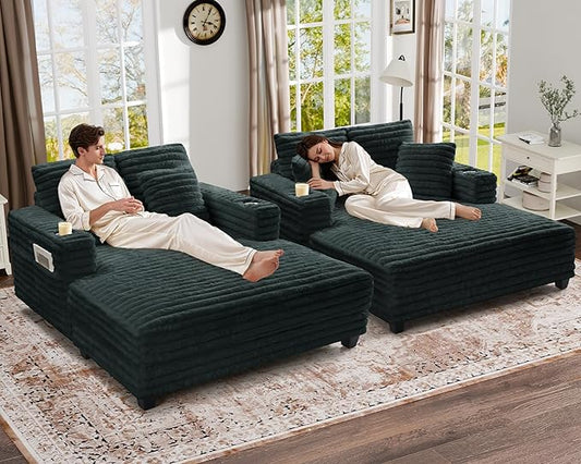 HUSFU Chaise Lounge Chair Indoor, 60'' Oversized Sleeper Sofa, Chaise Lounge Reading Chairs for w/Cup Holder and USB&Type C Port, Plush Faux Fur Cloud Sofas Couches for Living Room, Grey Blue, 2PCS