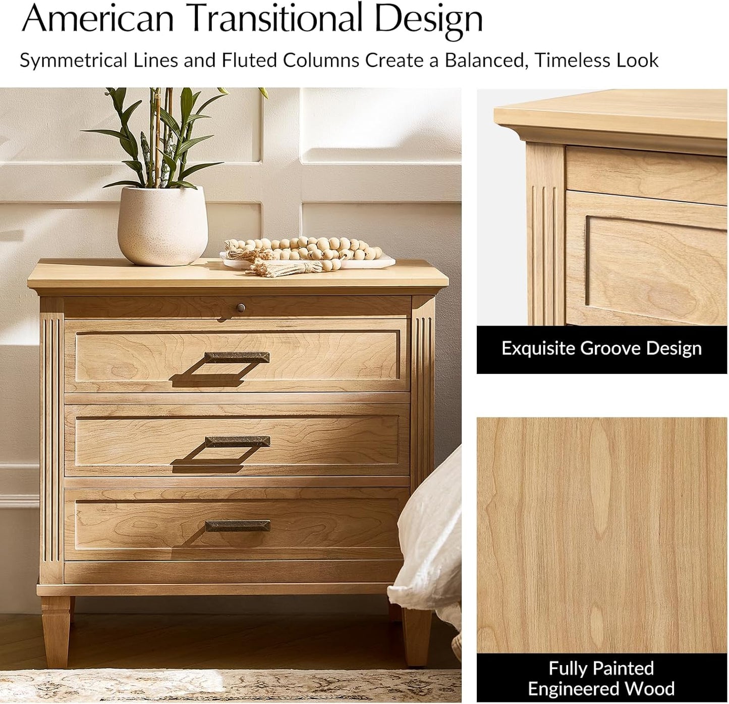 HULALA HOME Farmhouse Nightstand with Charging Station, Pull-Out Tray, 3 Drawers Nightstand with Solid Wood Legs, Wood Veneer Bedside Table with Open Shelf Set of 2, Natural