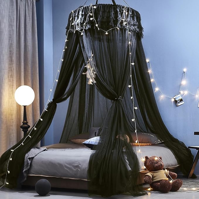 Kertnic Dreamy Bed Canopy for Girls, Princess Canopy Curtains Double Layer Sheer Mesh, Kids & Adults Canopies Netting Room Decor Tent Mosquito Net for Queen King Bed (Double Layer-Black)