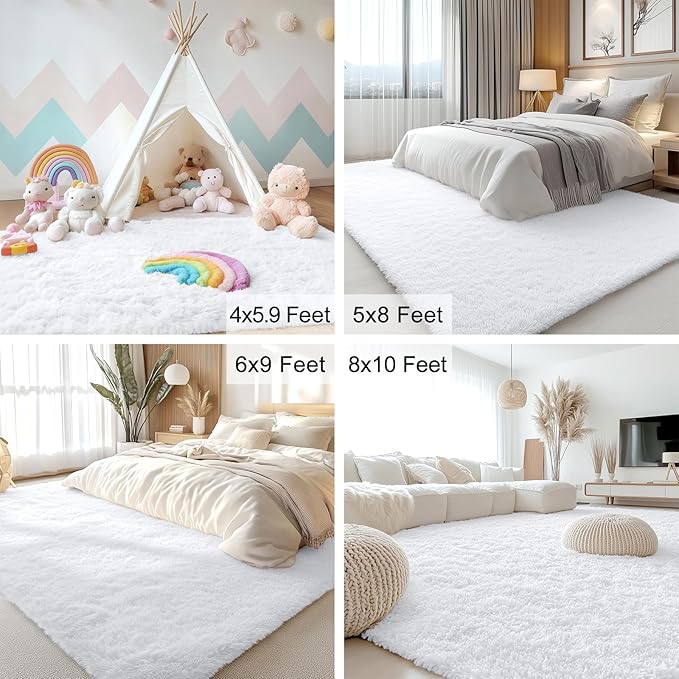 OLANLY Area Rugs for Living Room Bedroom, Machine Washable 4x5.9 ft Soft Fluffy Shaggy Bedside Rug, Indoor Floor Carpet for Kids Girls and Boys, Dorms, Nursery Rooms, Home Decor Aesthetic, White