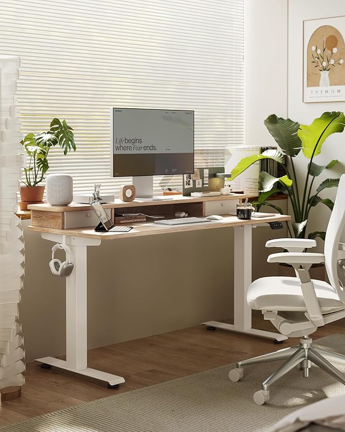 FEZIBO 60 x 24 Inch Height Adjustable Electric Standing Desk with Double Drawer, Computer Desk, Home Office Stand Up Table with 4 Height-Adjustable Feets & 2 Hooks, Maple