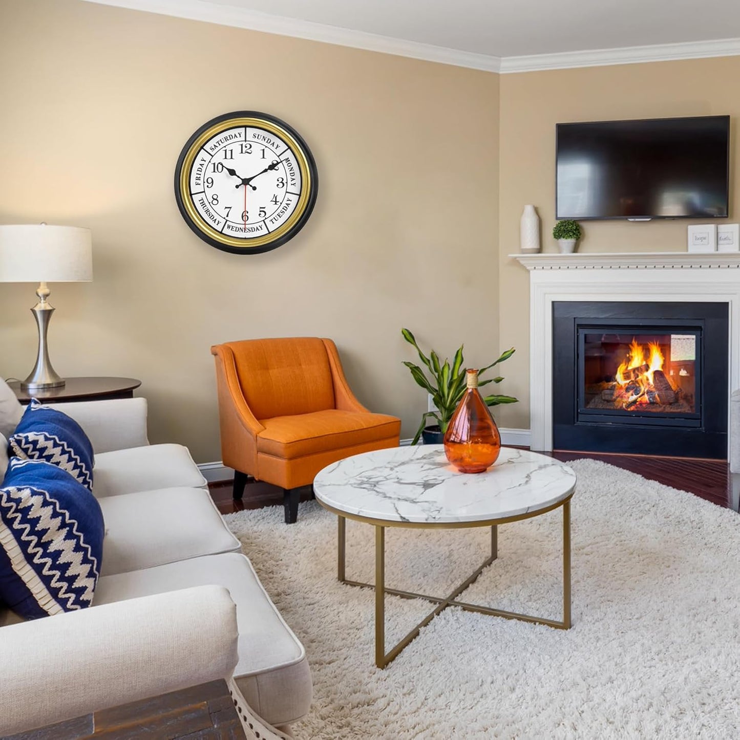 45MinST 12 Inches Retro Wall Clock,Day of The Week Wall Clock,Calendar Day Clock,Silent Non Ticking Battery Operated Movement(Gold)