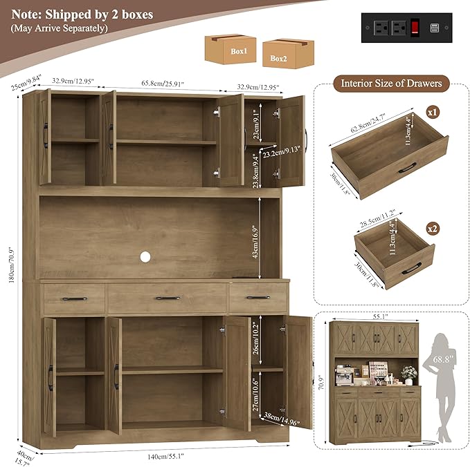 HOSTACK 71" Tall Kitchen Pantry Storage Cabinet with Charging Station, 55" Wide Kitchen Hutch Cabinet with Large Countertop, Farmhouse Food Pantry with Drawers for Living Room (Rustic Brown)