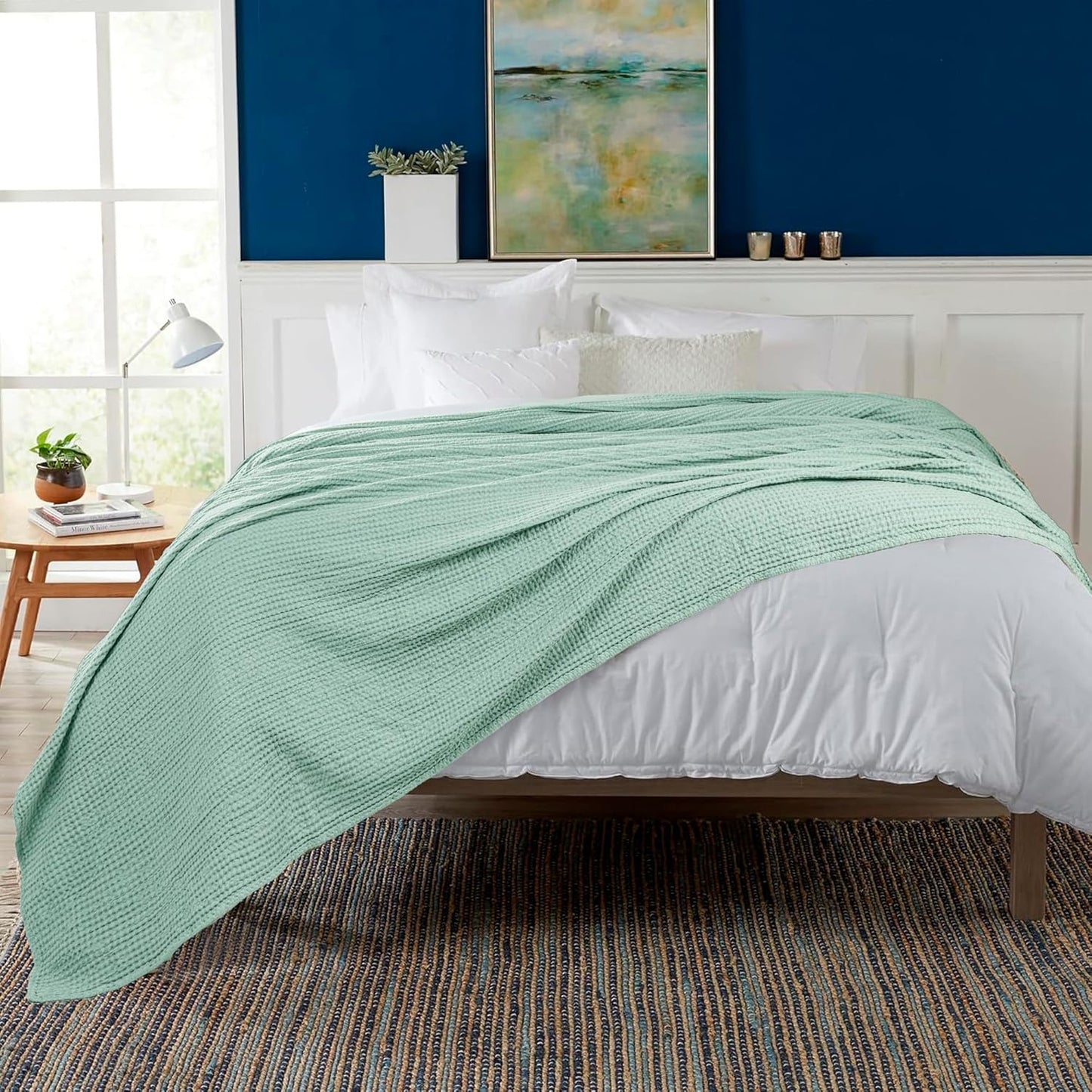 HILLFAIR 100% Combed Cotton Blanket– California King Size Bed Blankets Warm Soft All Season Breathable Lightweight Summer Waffle Weave Home Decor Blanket- Sage California King Cotton Blankets/Bedcover