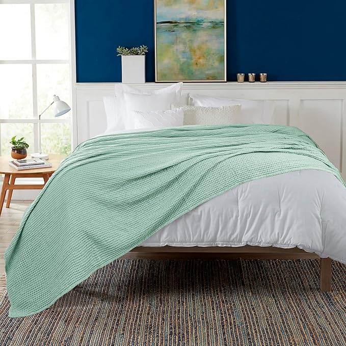 HILLFAIR 100% Combed Cotton Blanket– California King Size Bed Blankets Warm Soft All Season Breathable Lightweight Summer Waffle Weave Home Decor Blanket- Sage California King Cotton Blankets/Bedcover