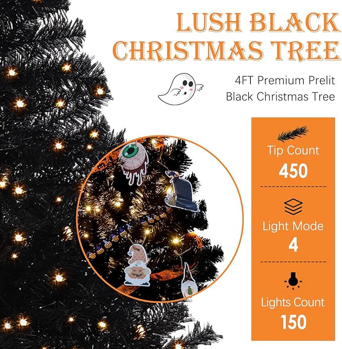 4FT Pre-Lit Black Christmas Tree, Small Artificial Halloween Tree with 450 PVC Branch Tips, 150 Warm Lights & Foldable Metal Stand Home Seasonal Holiday Decoration