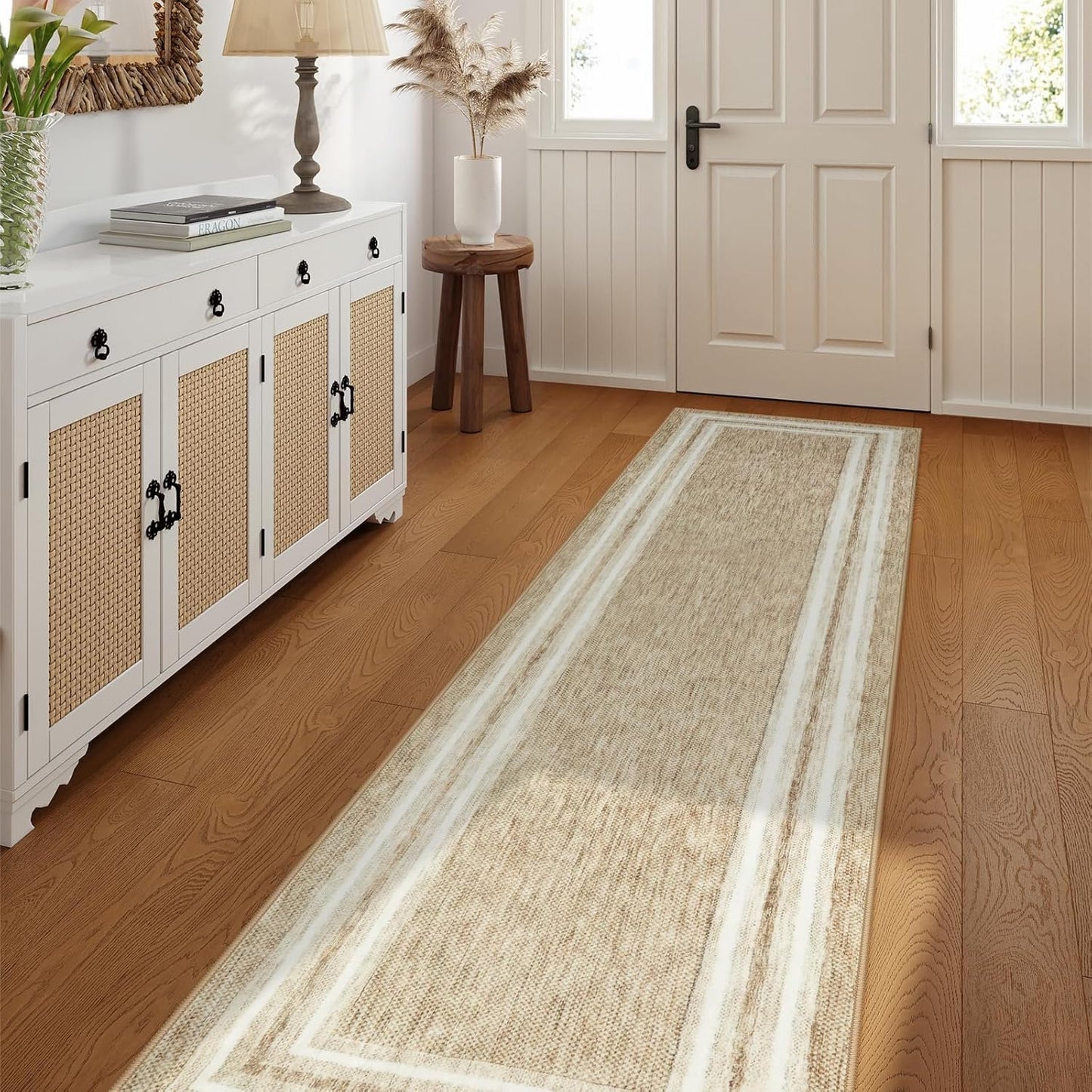 OJIA Modern Bordered Washable Runners for Hallways Printed 2'X8' Kitchen Rug Non Slip, Beige Bathroom Rug Runner Low Pile Long Soft Carpet Runner for Entryway Bedroom Laundry