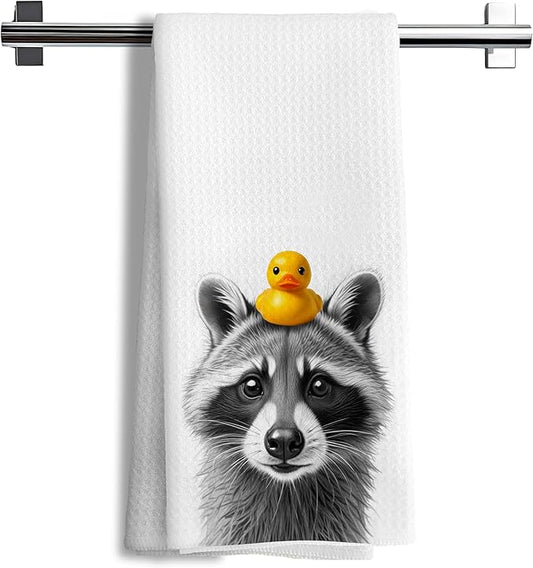 Nipi 109-XJ-MJ Towel Funny Raccoon Lover Gifts Bathroom Hand Towels, Raccoon Bathroom Decor, Vintage Animal Trash Panda with A Yellow Duck on Head Decorative Kids Hand Towels, 16x24 Inch