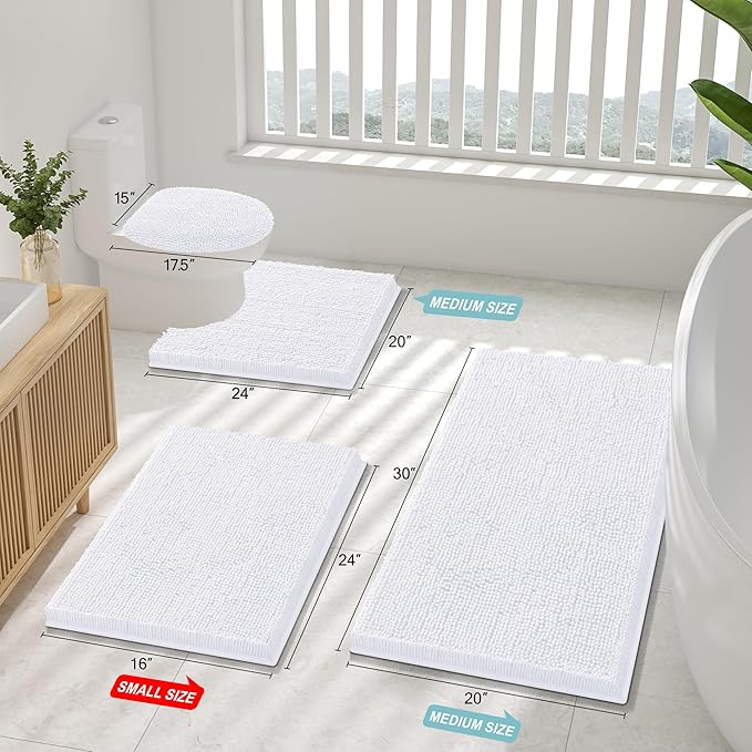 Smiry Luxury Chenille Bathroom Rugs 30x20, Extra Soft and Absorbent Shaggy Bath Mat, Machine Washable, Non-Slip Plush Carpet Runner for Tub, Shower, and Floor, Home Decor Accessories, White