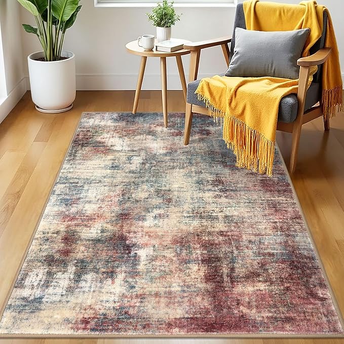 IOHOUZE Abstract Area Rug 3x5 Ft Washable Rugs for Entryway Indoor, Non Slip Kitchen Rug Printed Faux Wool Throw Rugs, Indoor Door Mat for Door Entrance Foyer Living Room, Red/Multi
