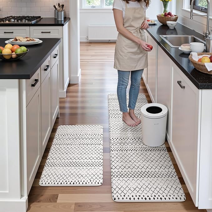 KIMODE Kitchen Mats 2PCS,Anti Fatigue Geometric Kitchen Rugs,Non Slip Waterproof Kitchen Mats for Floor,Cushioned Comfort Foam Standing Desk Mat for Home, Office, Sink,Laundry,Black and White