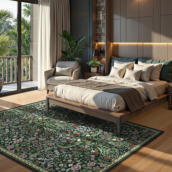 Lahome Floral Living Room Rug, 6x9 Soft Washable Rugs for Bedroom, Thin Green Area Rug for Dining Room, Non Shedding Print Carpet for Guestroom