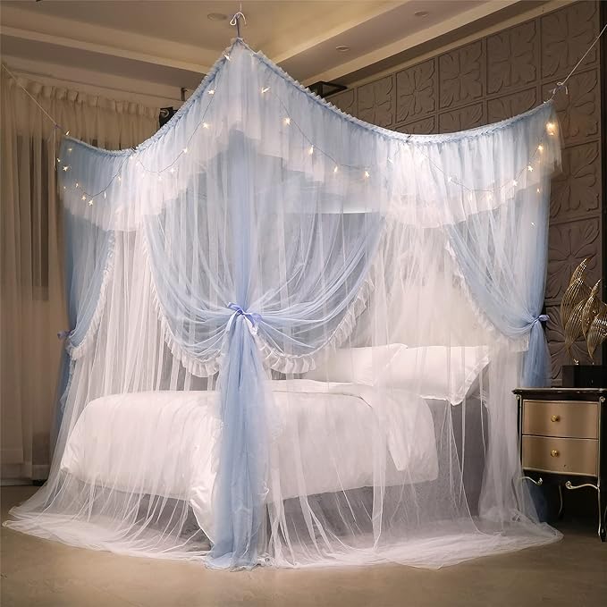 VETHIN 4 Corners Post Ruffle Princess Bed Canopy Curtain-Double Layer Cozy Drape Netting 4 Opening Mosquito Net for Girls Adults Bedroom Decoration (Gray/White,78" W*86" L*82"*H/King)