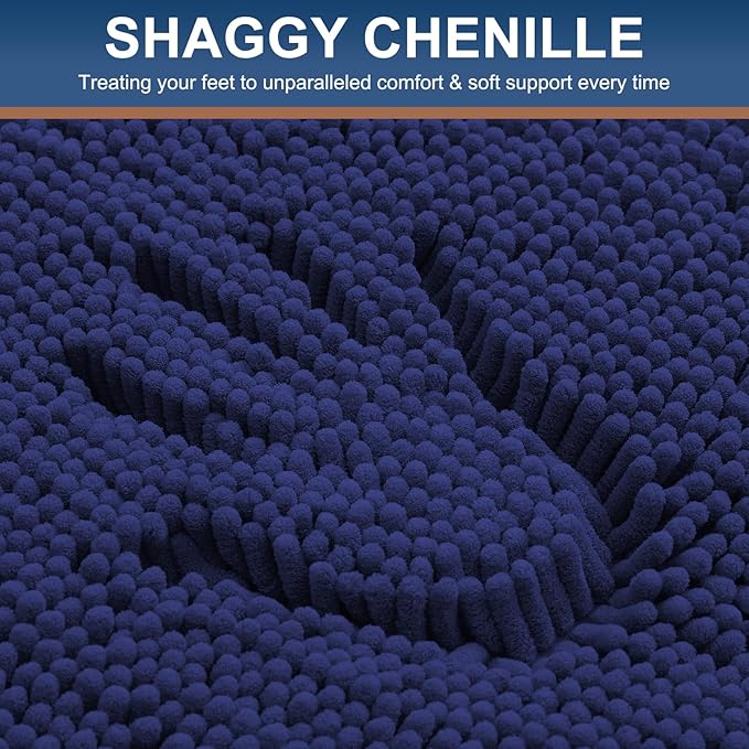 Smiry Luxury Chenille Bathroom Rugs 30x20, Extra Soft and Absorbent Shaggy Bath Mat, Machine Washable, Non-Slip Plush Carpet Runner for Tub, Shower, and Floor, Home Decor Accessories, Deep Blue
