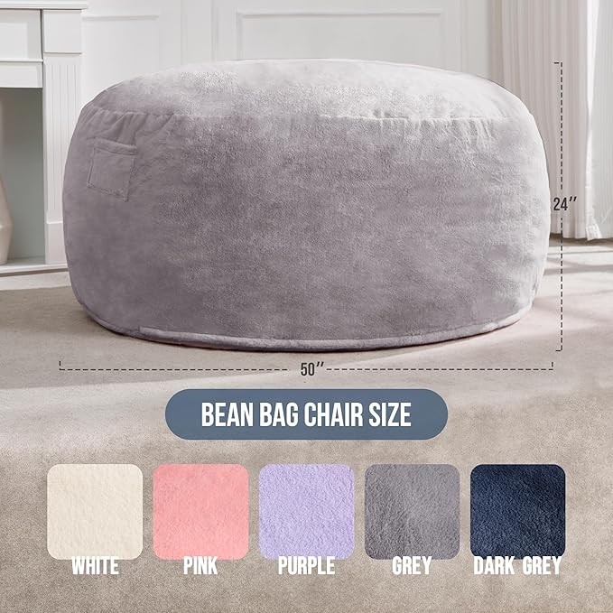 Hobestluk 5ft Bean Bag Chairs for Adults Large Beanbag Chair with Plush Faux Fur Cover Big Bean Bag Chair for Living Room Bedroom Dorm Office - Grey (50” x 50” x 24”)