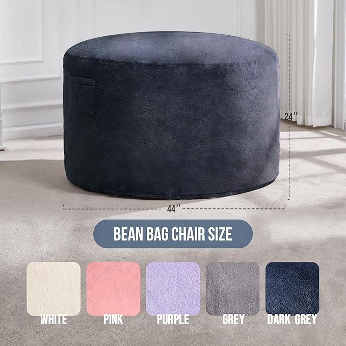 Hobestluk 4ft Bean Bag Chairs for Adults Large Beanbag Chair with Plush Faux Fur Cover Big Bean Bag Chair for Living Room Bedroom Dorm Office - Dark Grey (44” x 44” x 24”)