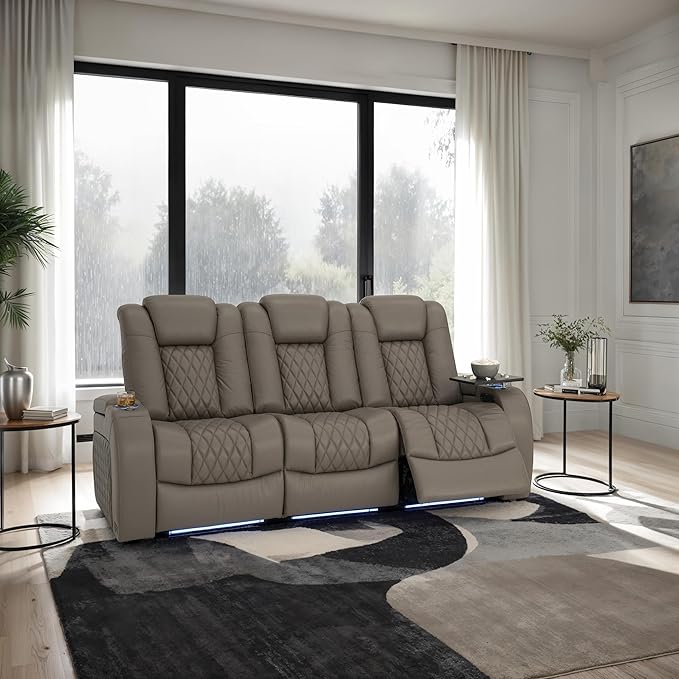 Seatcraft Diamante Zero-Gravity CoolZero Italian Leather Home Theater Seating, Power Headrest, Power Recline, Row of 3 Sofa, Gray