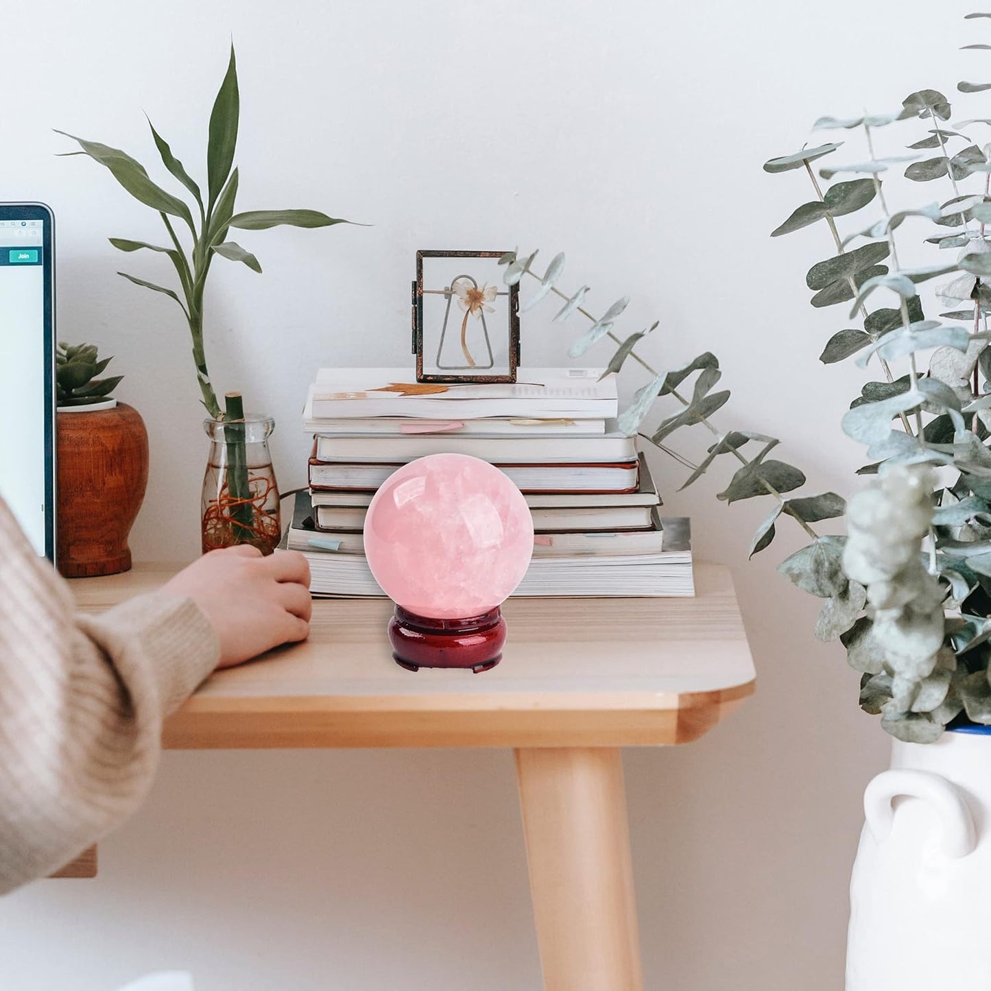 JIC Gem Natural Pink Rose Quartz Ball Sphere with Base,Class 1，5-6cm